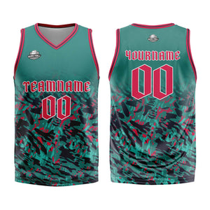 Uniforme de baloncesto personalizado verde y rojo con tu logotipo-nombre y número impresos