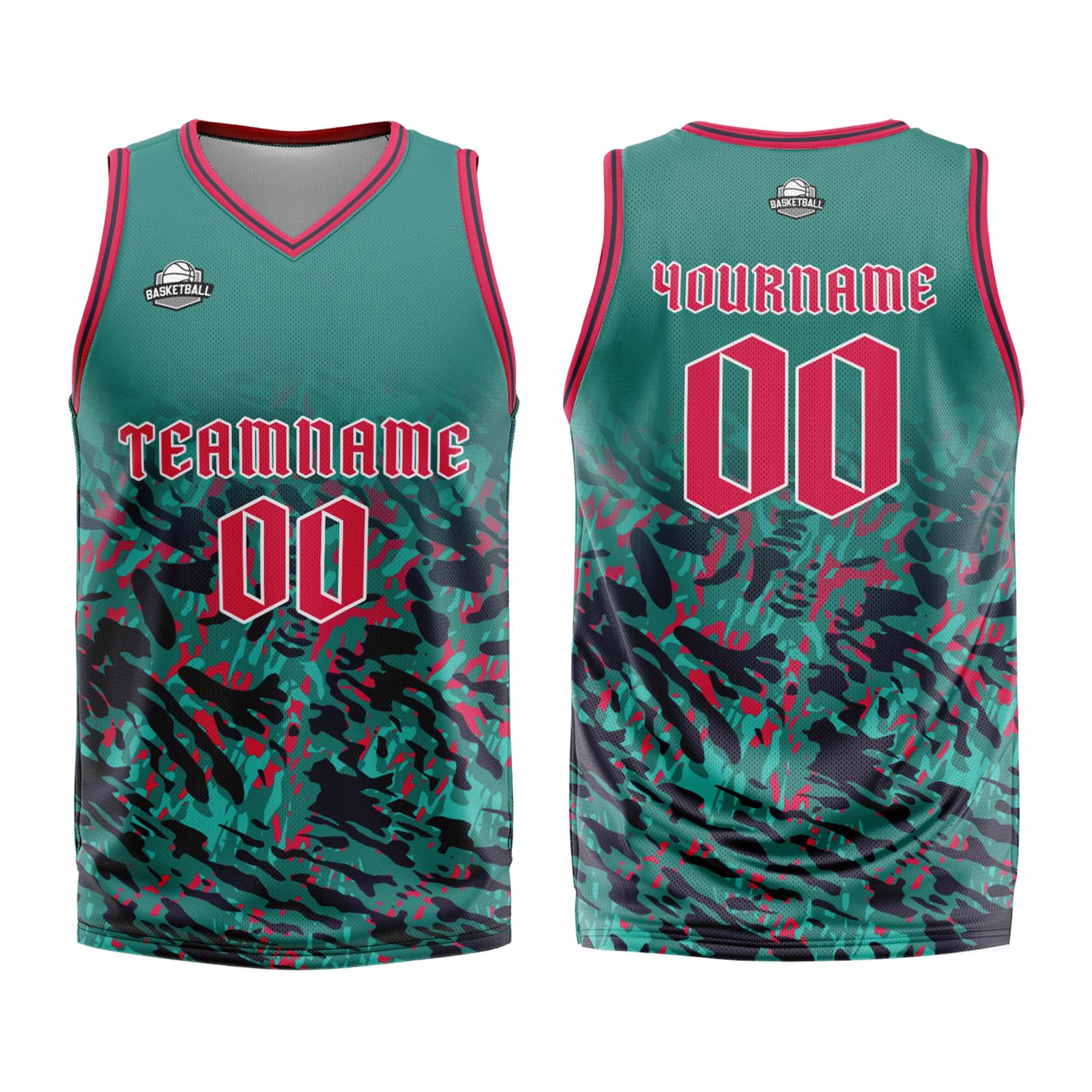 Uniforme de baloncesto personalizado verde y rojo con tu logotipo-nombre y número impresos
