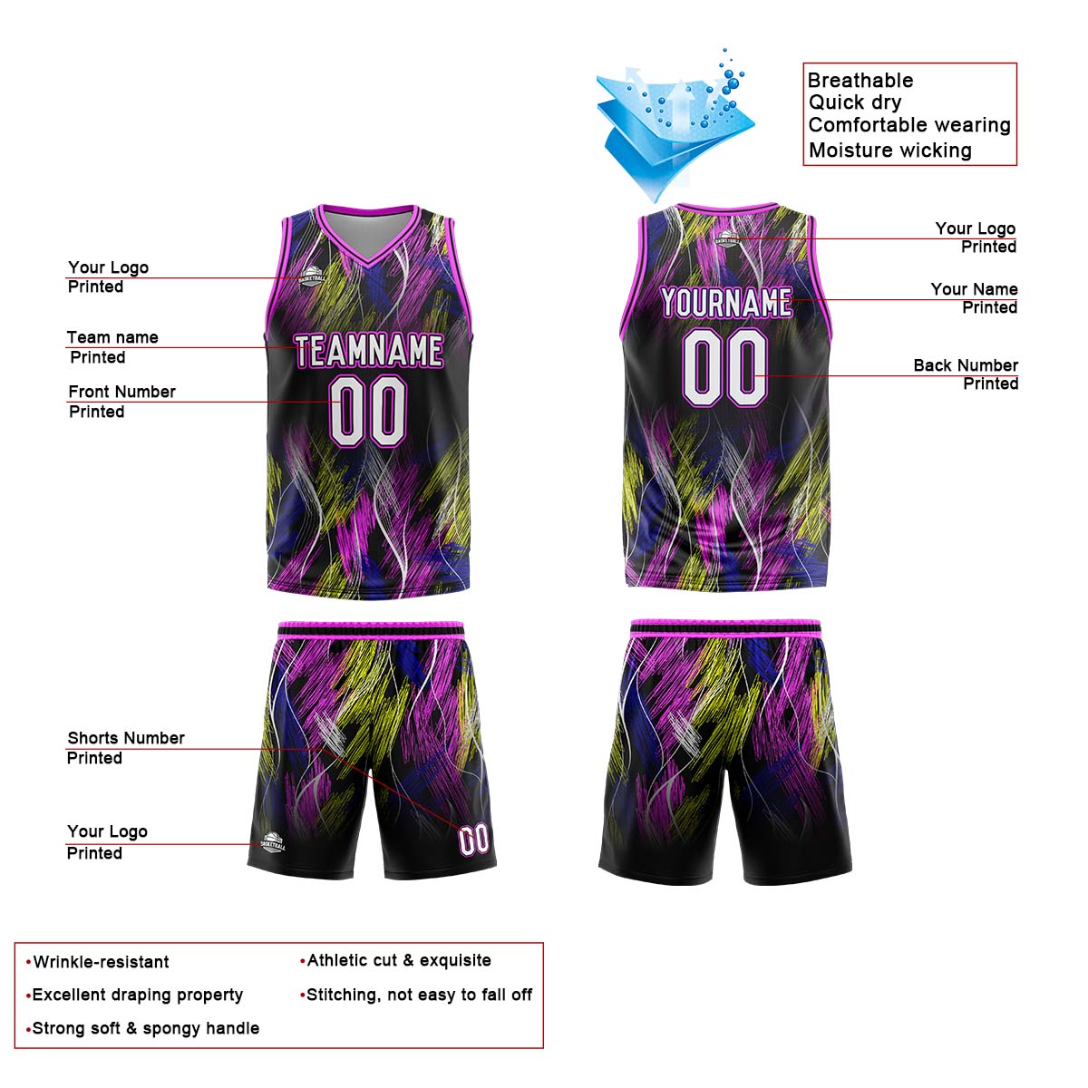 Uniforme de baloncesto personalizado en negro y rosa con tu logotipo-nombre y número impresos