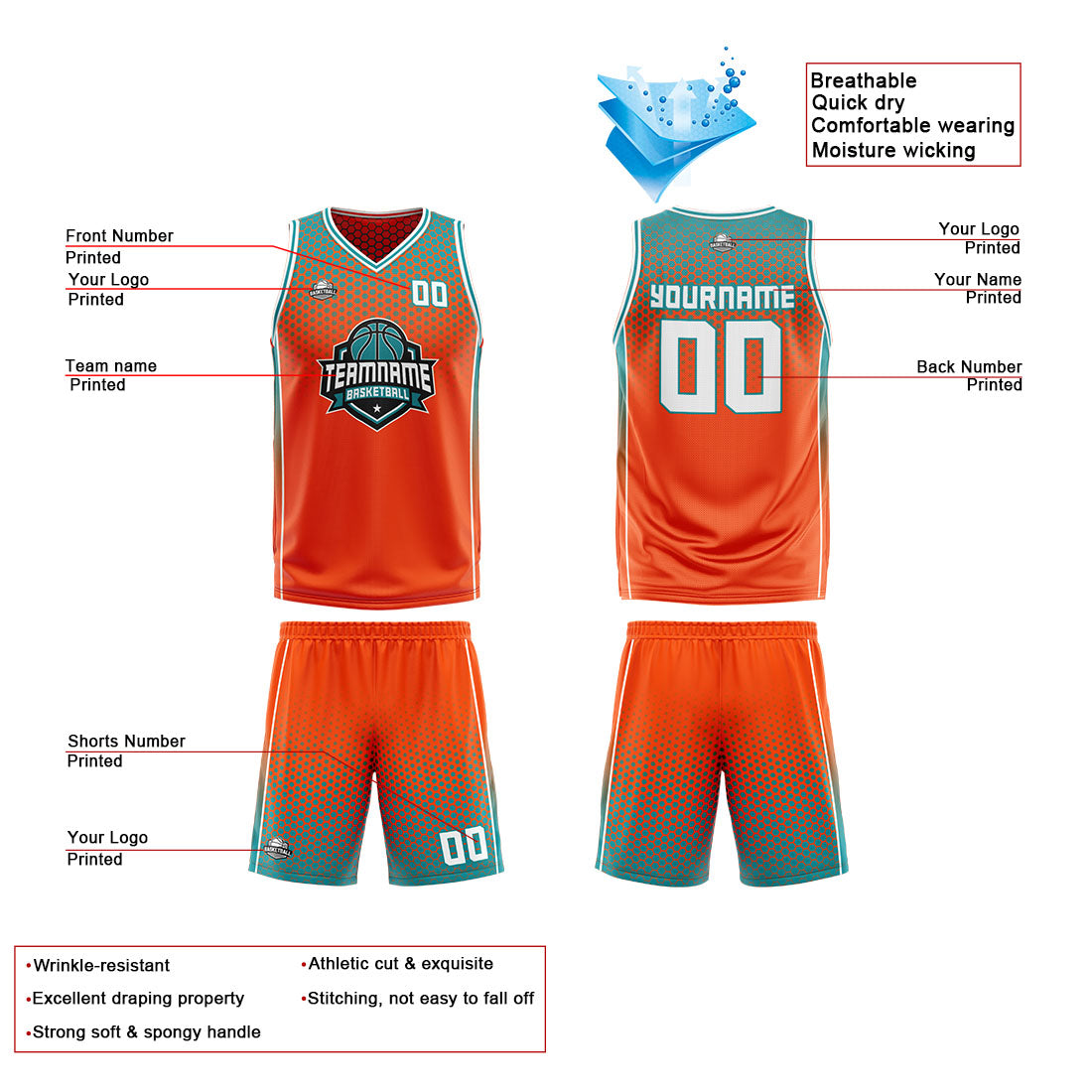 Traje de baloncesto reversible personalizado en naranja-cian y blanco para adultos y niños