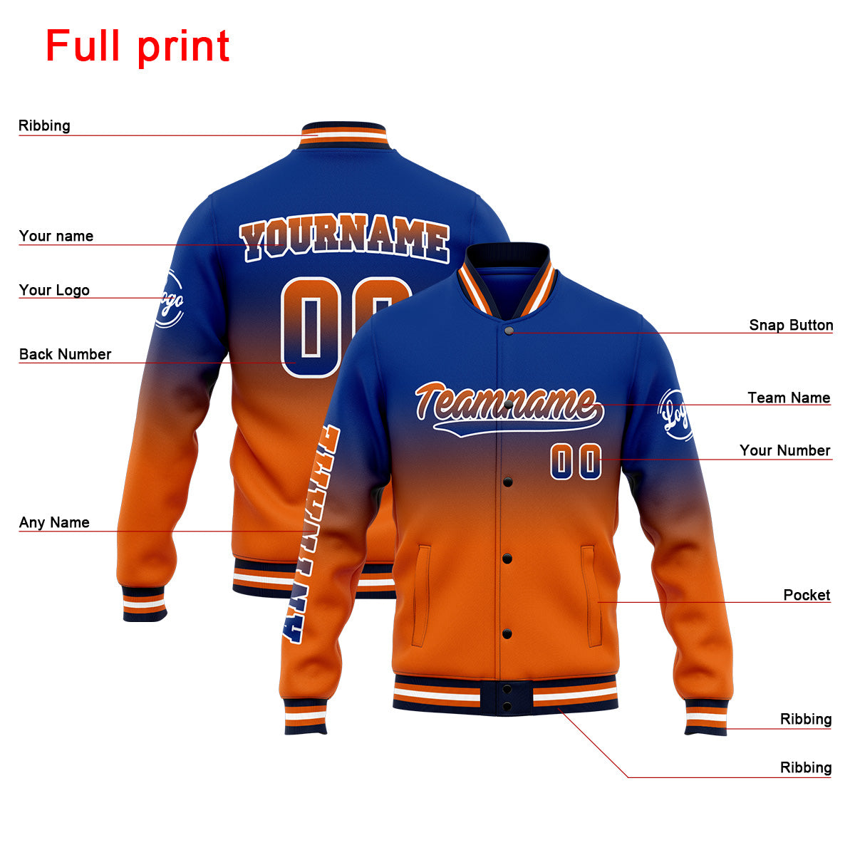Chaqueta universitaria personalizada estilo Letterman para hombres-mujeres y jóvenes-color azul rey y naranja