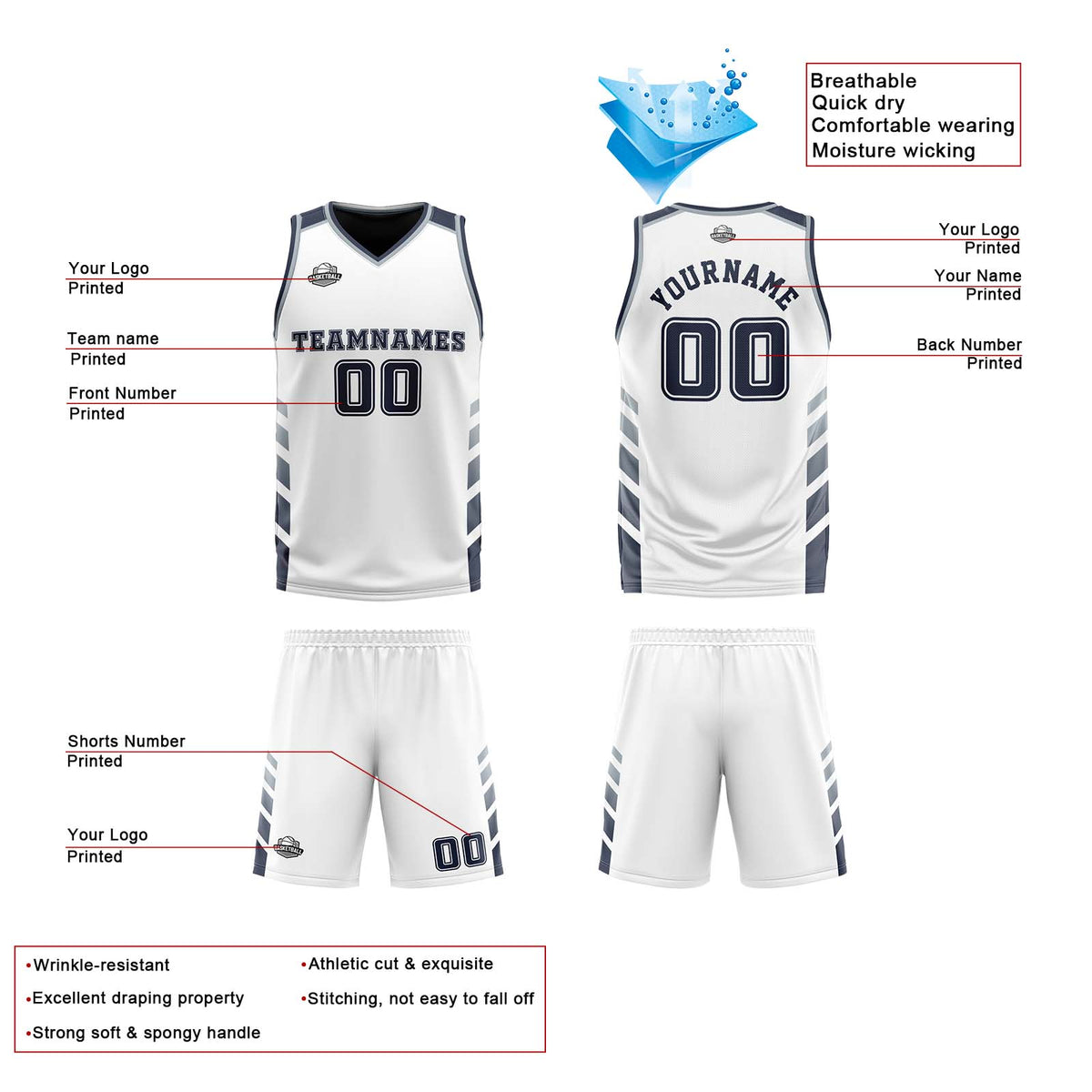 Traje de baloncesto reversible personalizado blanco-azul marino y gris para adultos y niños