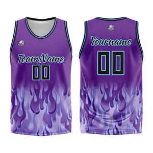 Uniforme de baloncesto personalizado con diseño de llama morada y estampado de tu logotipo-nombre y número