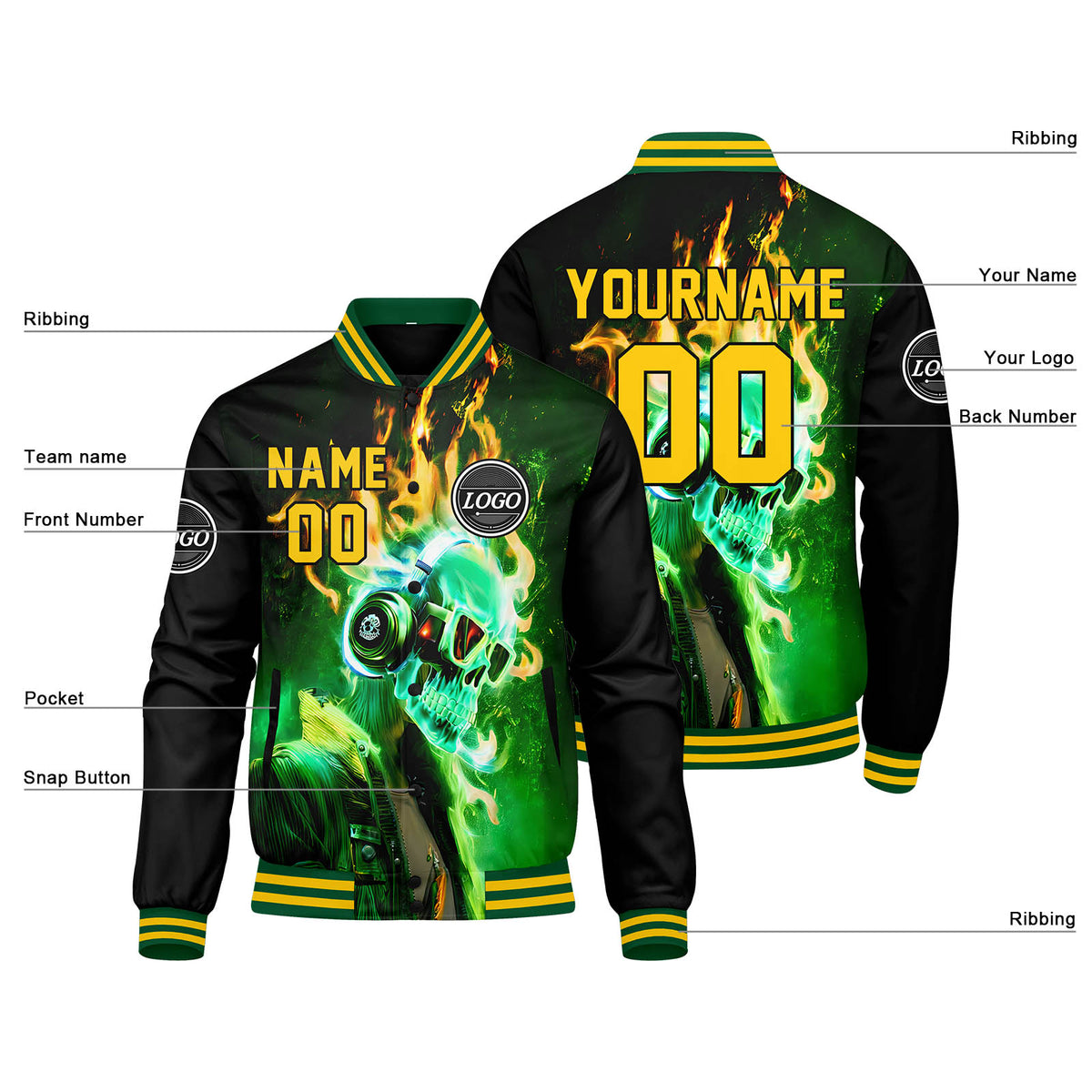 Chaqueta universitaria personalizada estilo Letterman para hombres-mujeres y jóvenes-color verde y amarillo