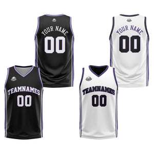 Traje de baloncesto reversible personalizado en negro-blanco y morado para adultos y niños