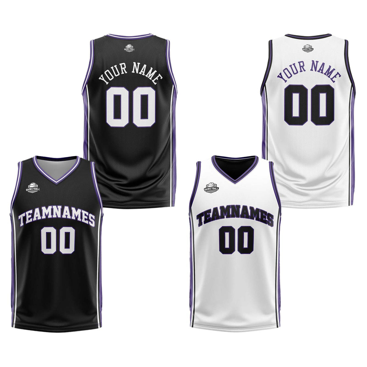 Traje de baloncesto reversible personalizado en negro-blanco y morado para adultos y niños