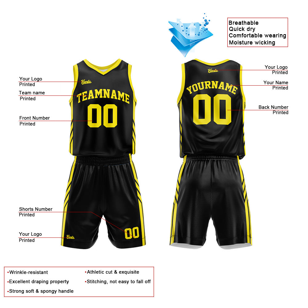 Uniforme de baloncesto personalizado negro y amarillo con tu logotipo-nombre y número impresos
