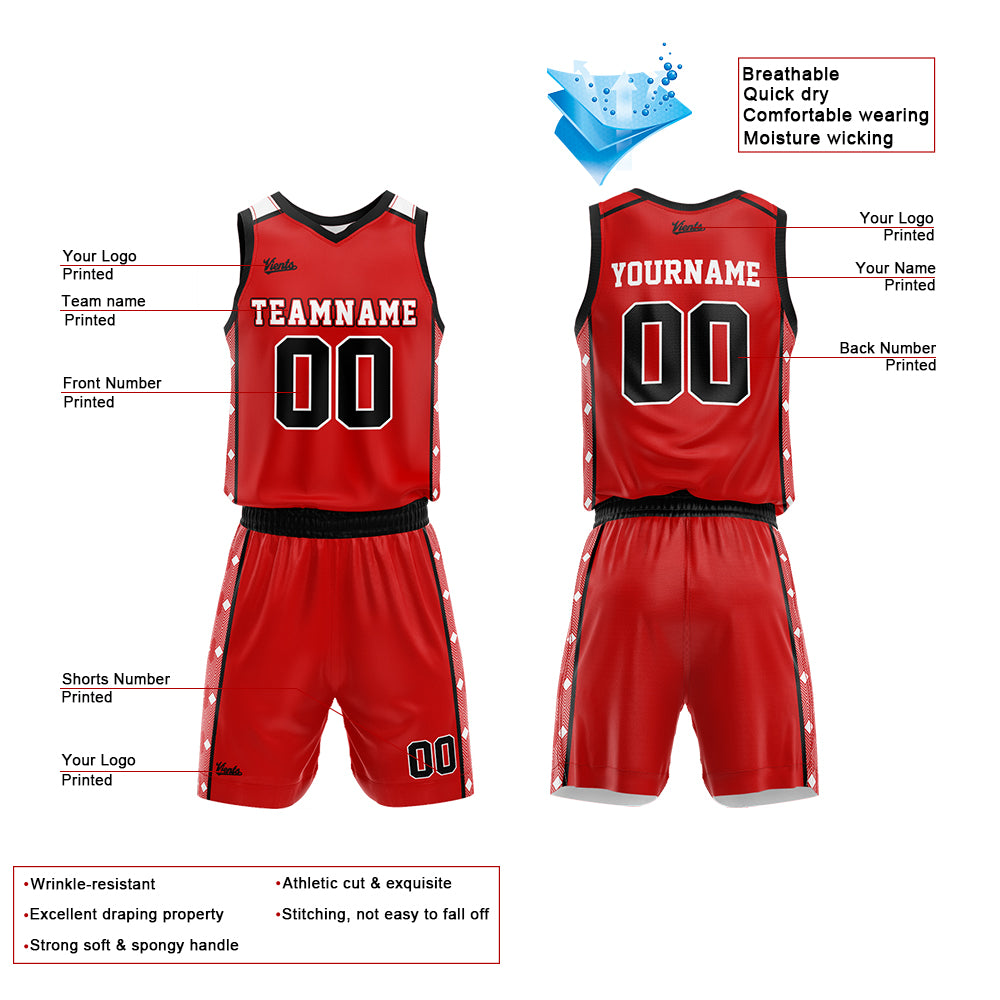 Uniforme de baloncesto personalizado rojo y negro con tu logotipo-nombre y número impresos
