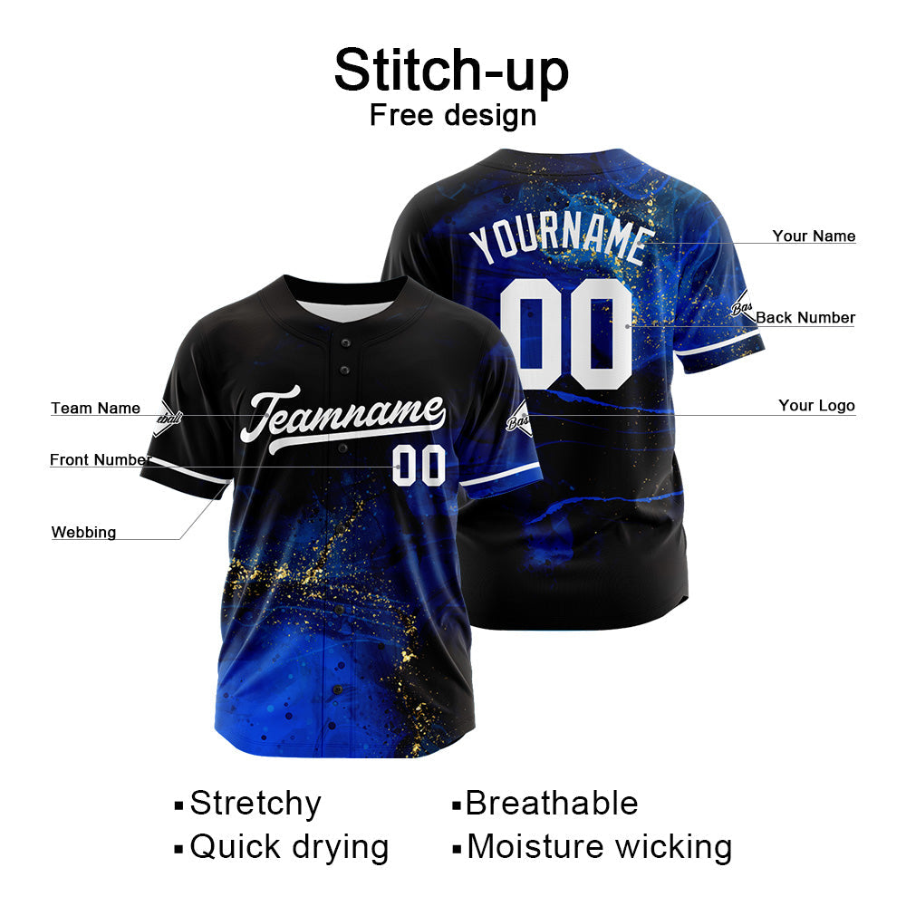Camiseta de béisbol con dise?o personalizado estampado completo en negro y azul