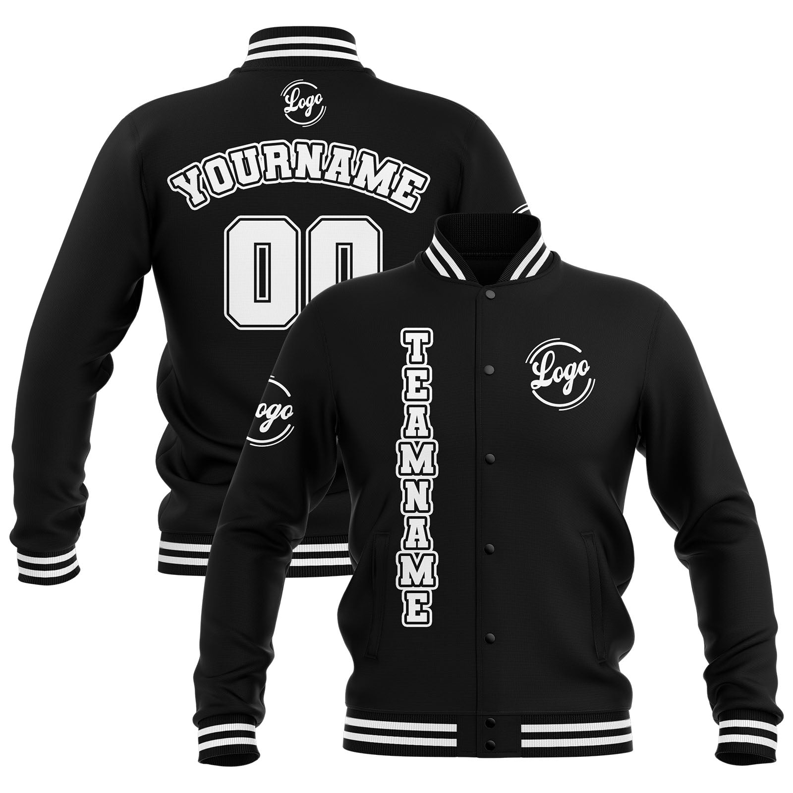 Chaquetas universitarias impermeables personalizadas en blanco y negro con nombre-número y logotipo bordados a medida