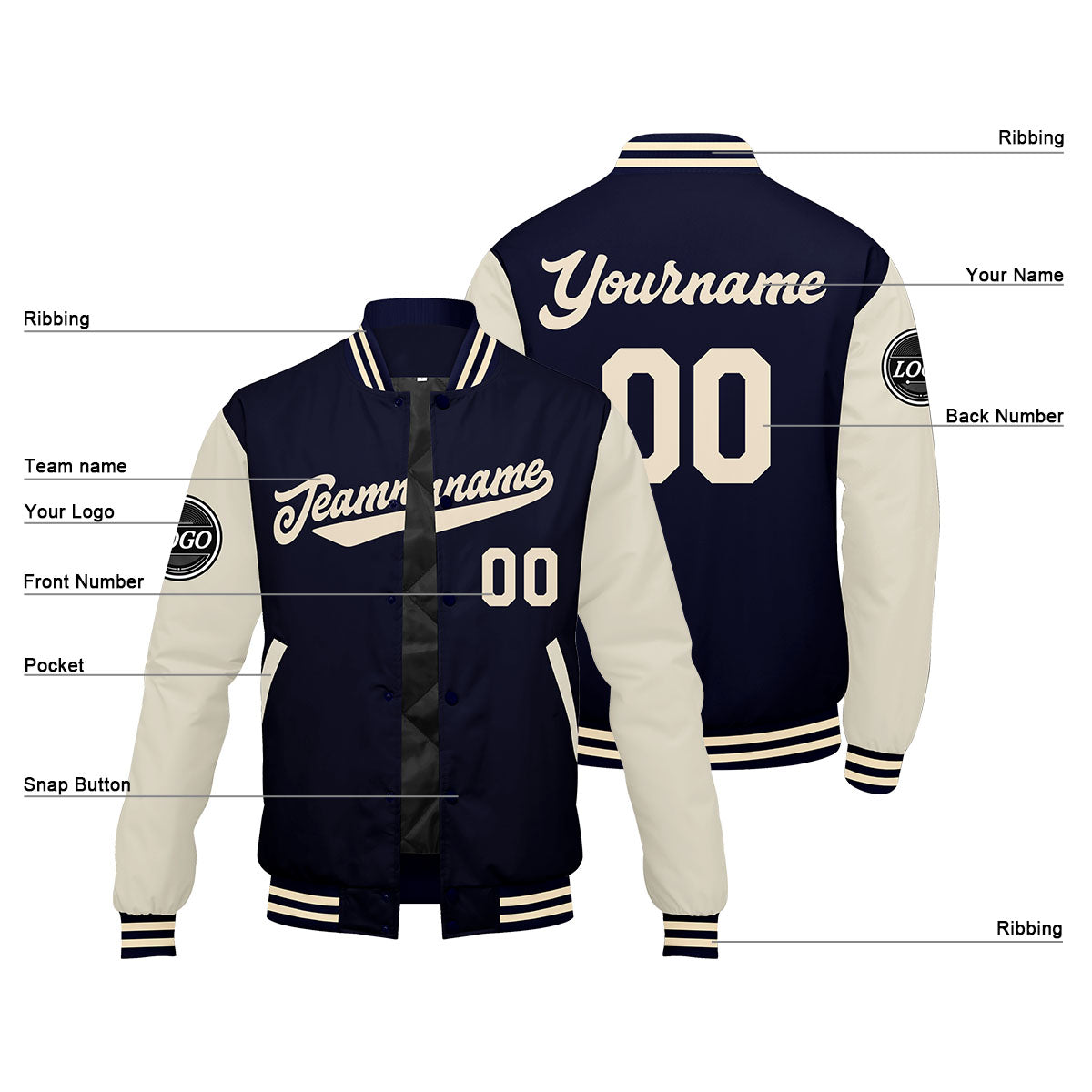 Chaqueta universitaria personalizada estilo Letterman para hombres-mujeres y jóvenes-color azul marino y crema