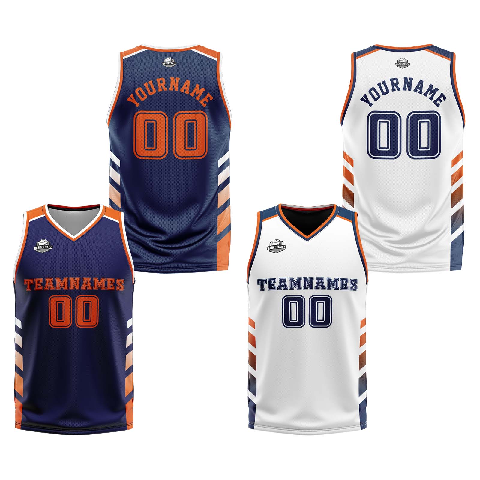 Traje de baloncesto reversible personalizado azul marino-blanco y naranja para adultos y niños