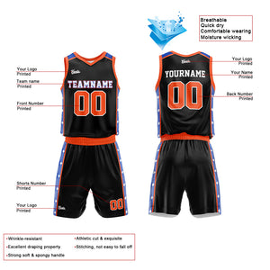 Uniforme de baloncesto personalizado en negro-naranja y azul marino con tu logotipo-nombre y número impresos