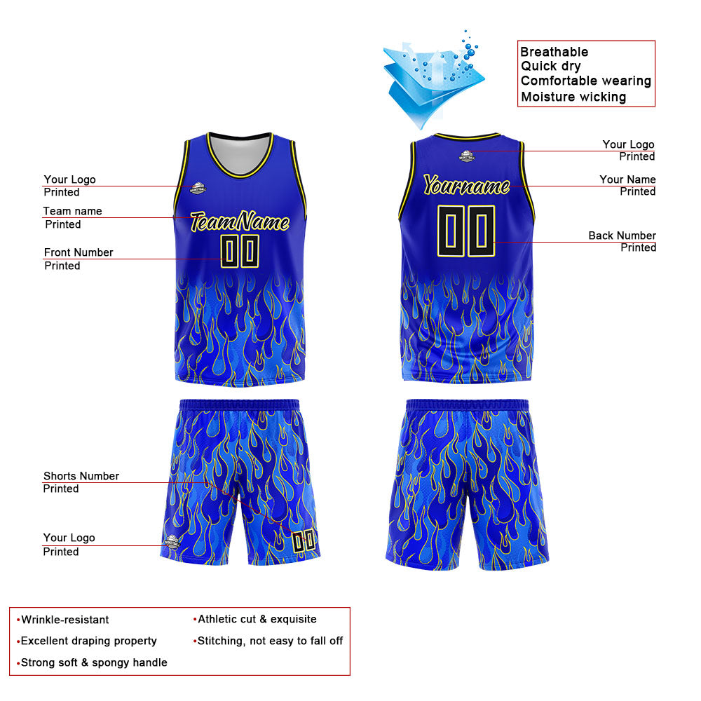 Uniforme de baloncesto personalizado Royal Flame con tu logotipo-nombre y número impresos