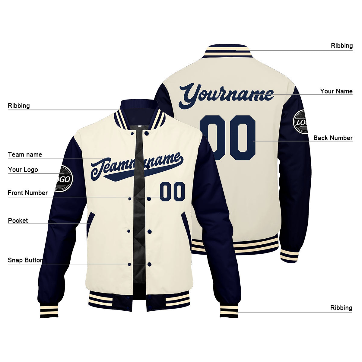 Chaqueta universitaria personalizada estilo Letterman para hombres-mujeres y jóvenes-color azul marino y crema