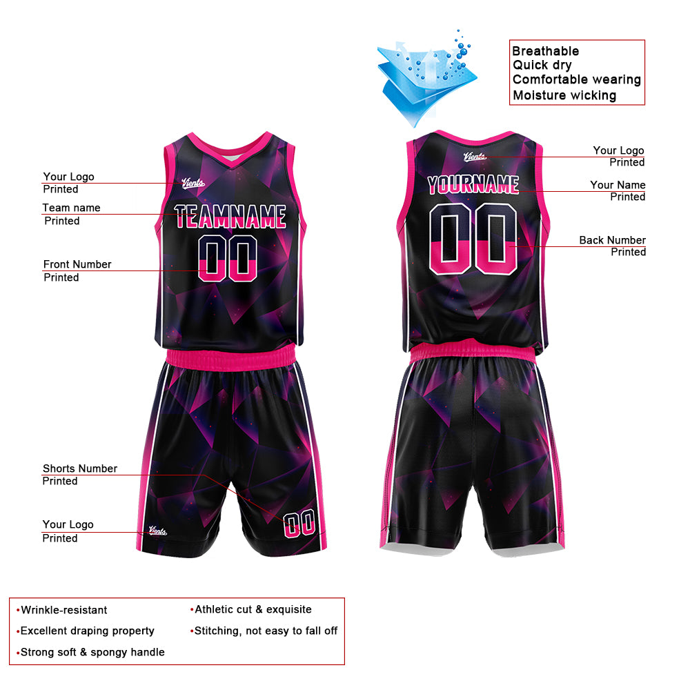 Uniforme de baloncesto personalizado en negro-azul marino y rosa con tu logotipo-nombre y número impresos