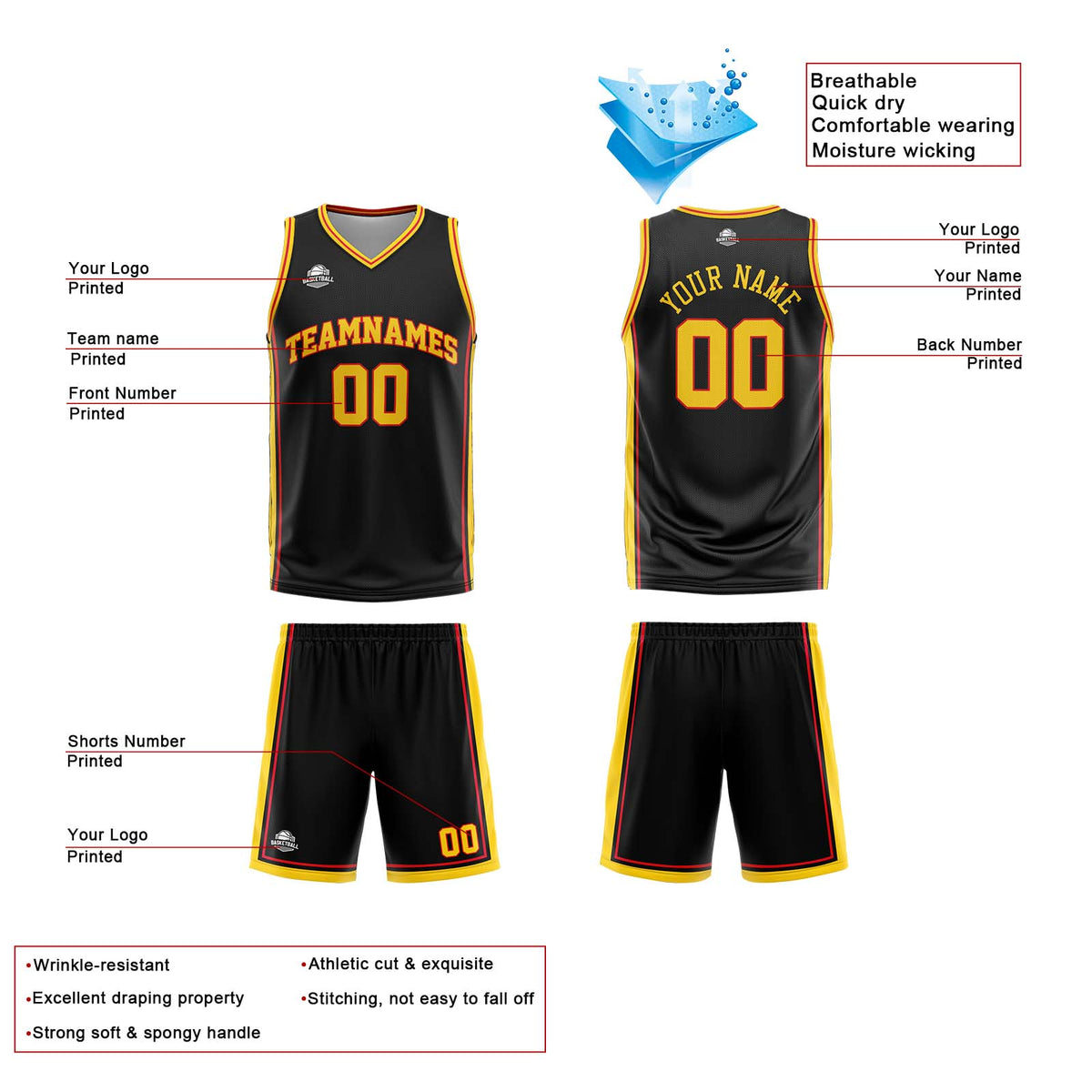 Traje de baloncesto reversible personalizado en negro-blanco-amarillo y rojo para adultos y niños