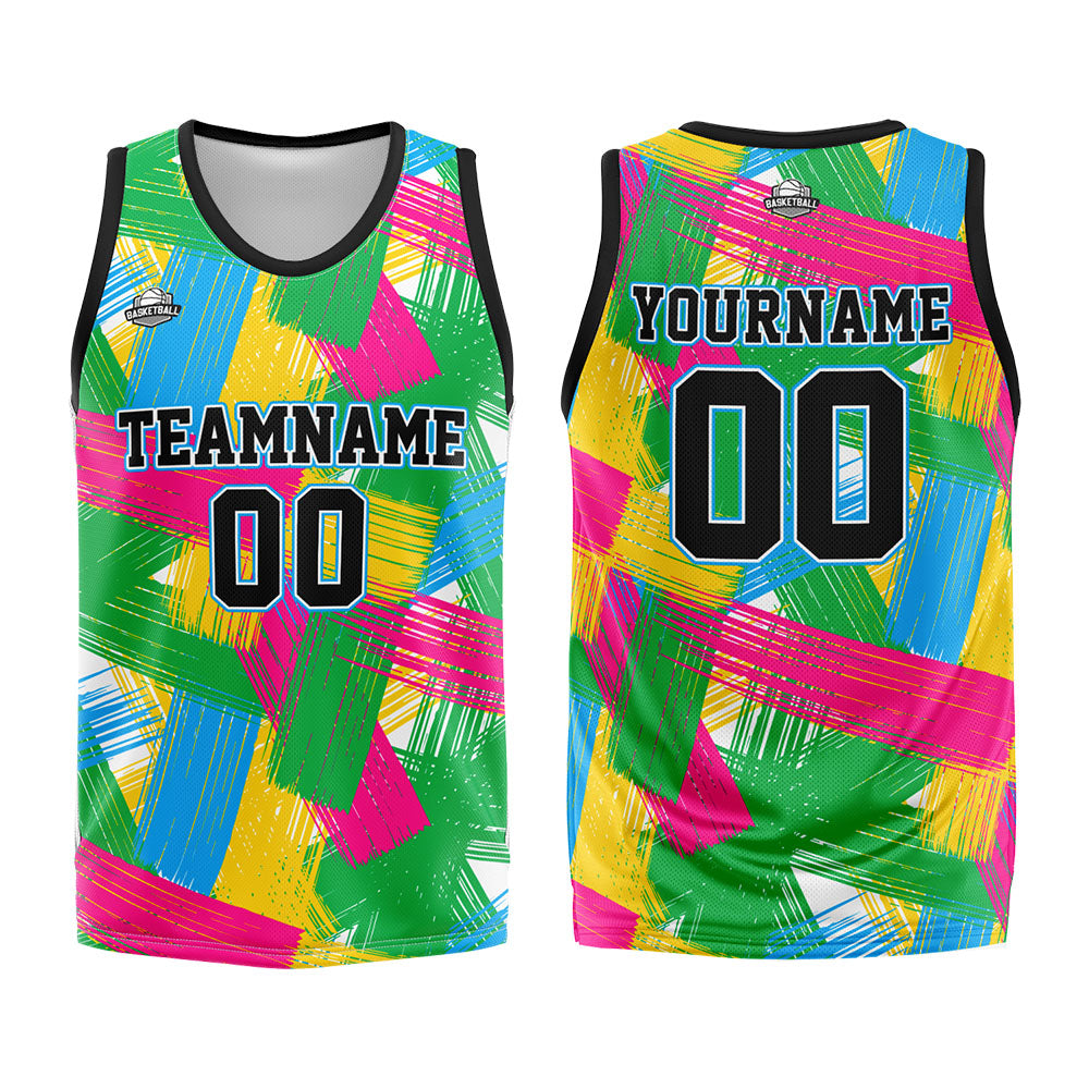 Uniforme de baloncesto personalizado verde y rosa con tu logotipo-nombre y número impresos