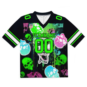 Camiseta de fútbol personalizada con nombre y número del equipo bordados y estampado de calavera estilo grafiti -Verde neón