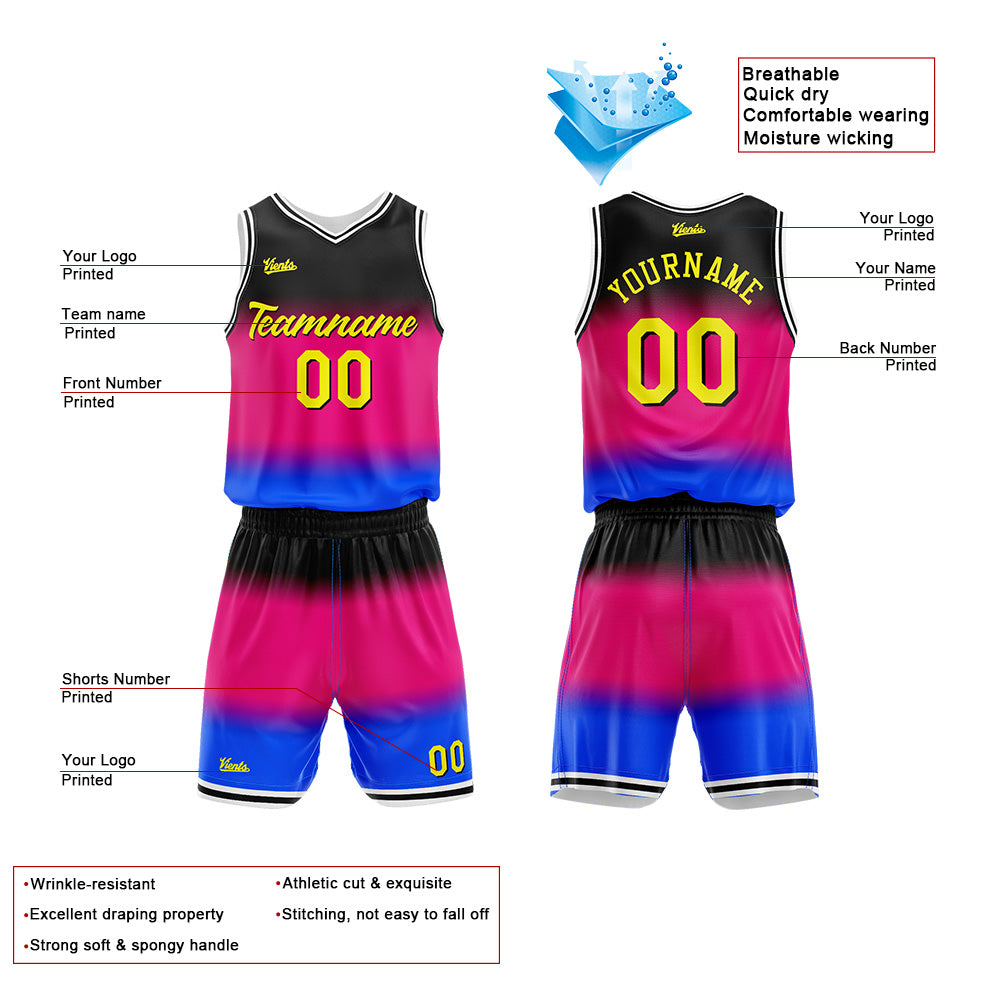 Uniforme de baloncesto rosa fucsia con degradado personalizado-estampado con tu logotipo-nombre y número