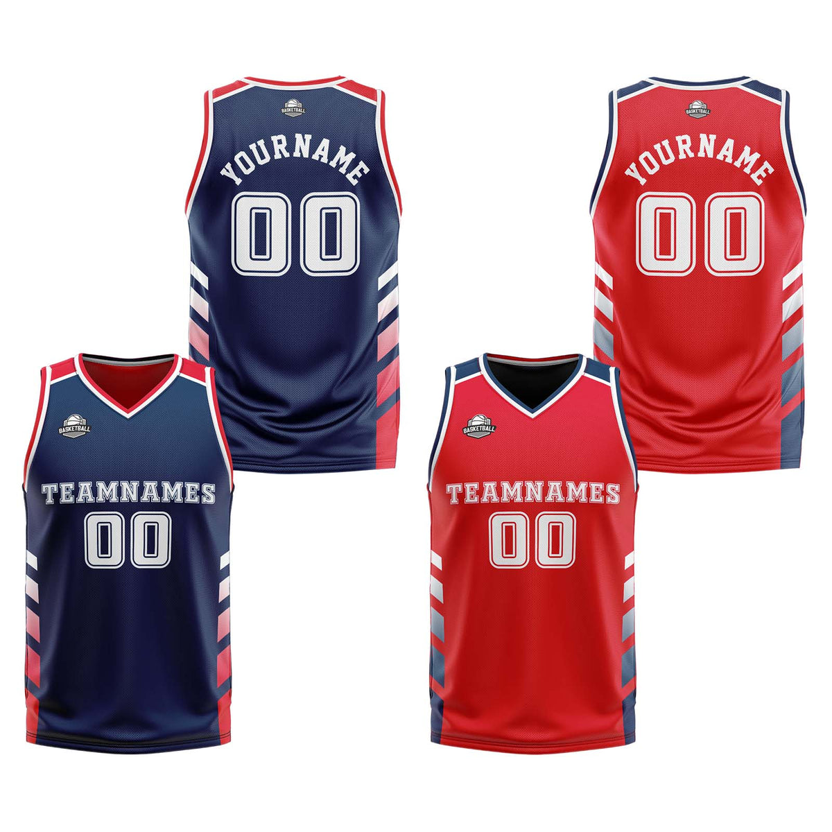 Traje de baloncesto reversible azul marino-rojo y blanco personalizado para adultos y niños