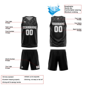 Uniforme de baloncesto personalizado en negro y gris con tu logotipo-nombre y número impresos