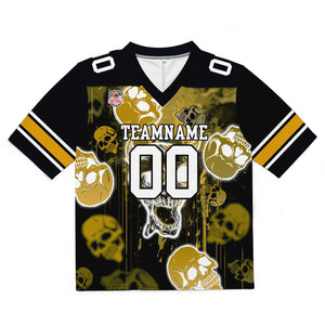 Camiseta de fútbol personalizada con nombre y número del equipo bordados y estampados-estilo grafiti con calavera dorada