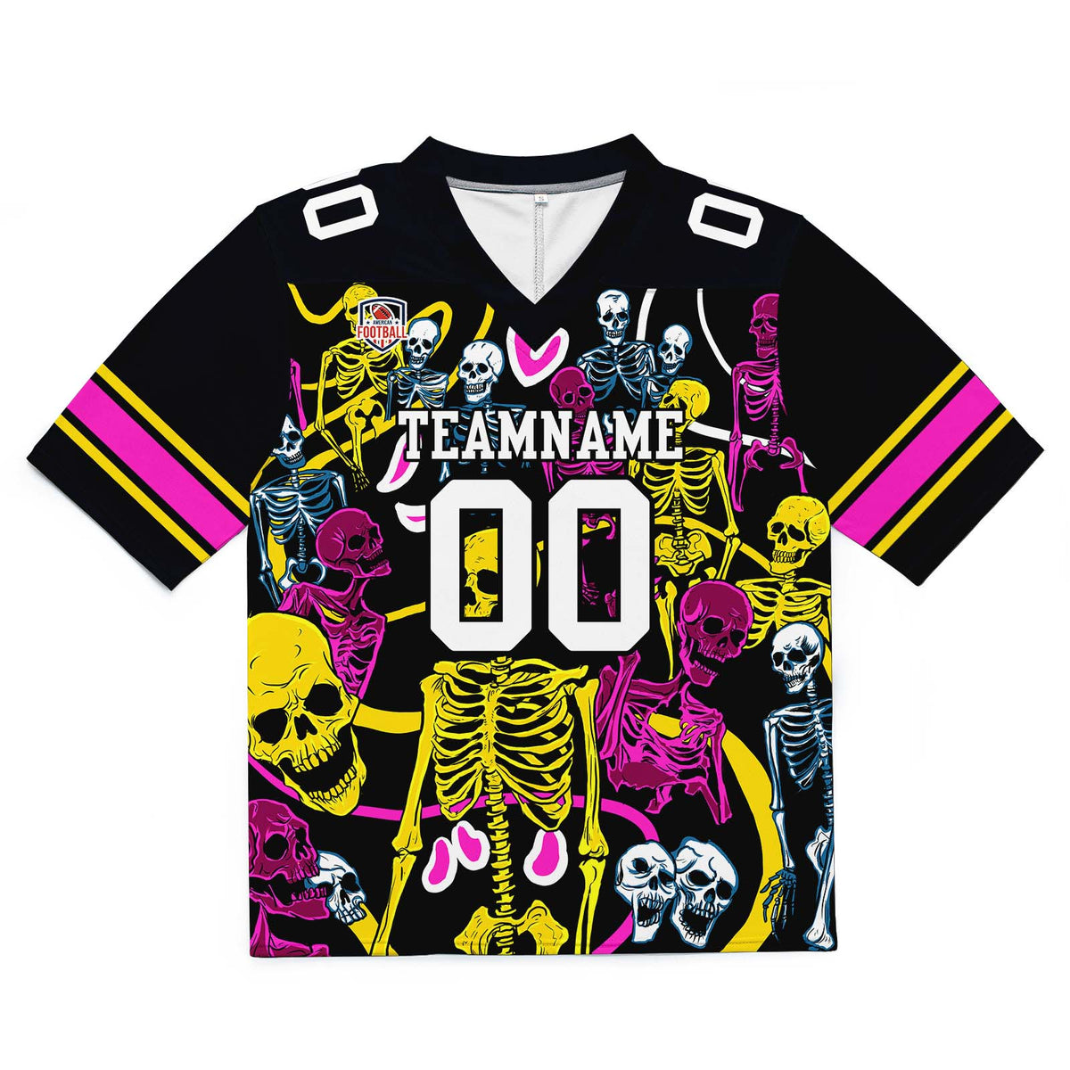 Camiseta de fútbol personalizada con nombre y número del equipo bordados e impresos (Esqueleto Amarillo)