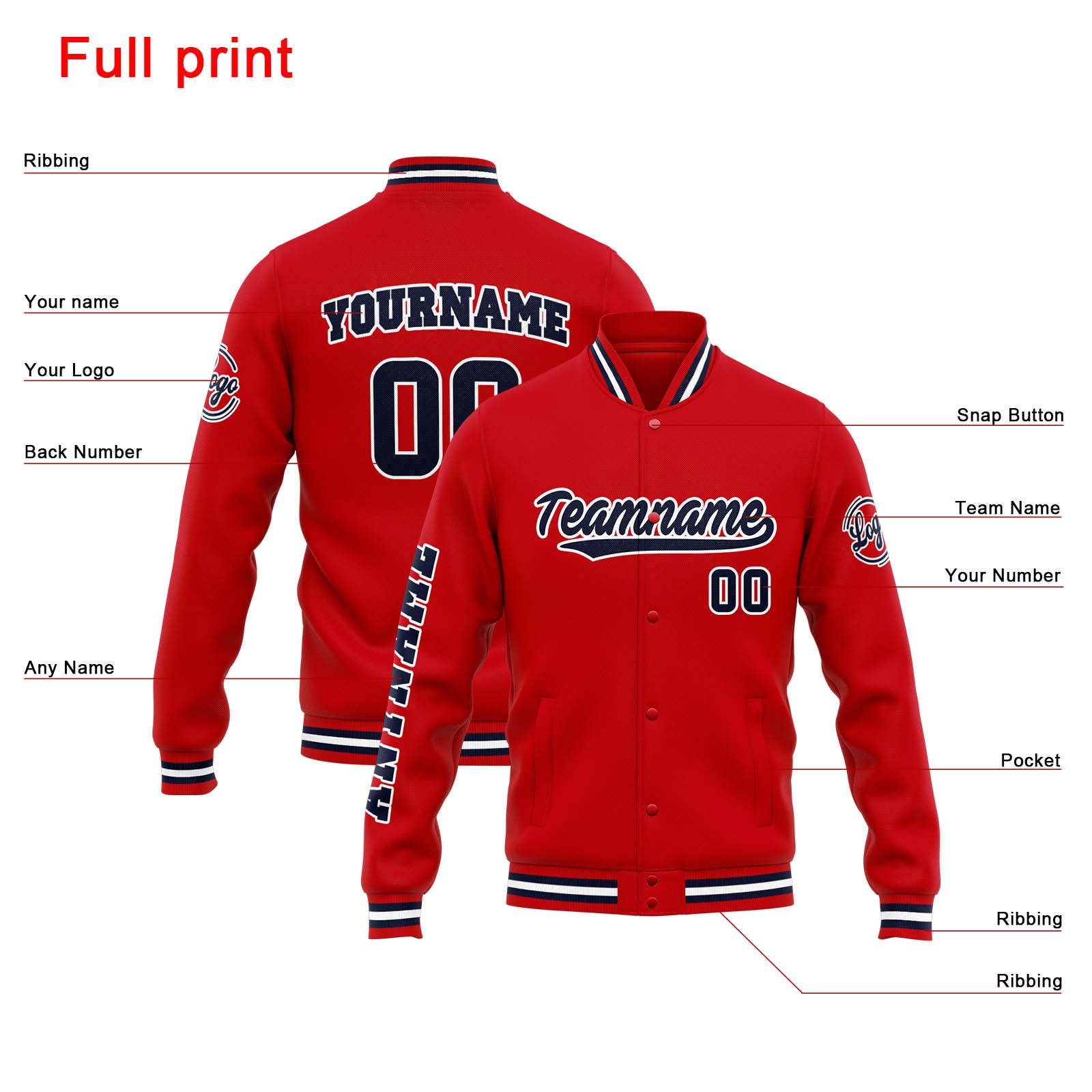 Chaqueta universitaria personalizada estilo Letterman para hombres-mujeres y jóvenes-color rojo y azul marino