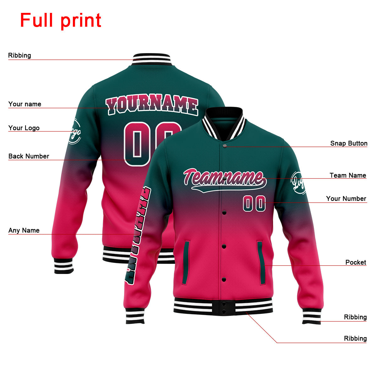 Chaqueta universitaria personalizada estilo Letterman para hombres-mujeres y jóvenes-color verde oscuro y rosa