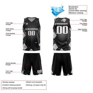 Uniforme de baloncesto gris con diseño geométrico personalizado-estampado con tu logotipo-nombre y número