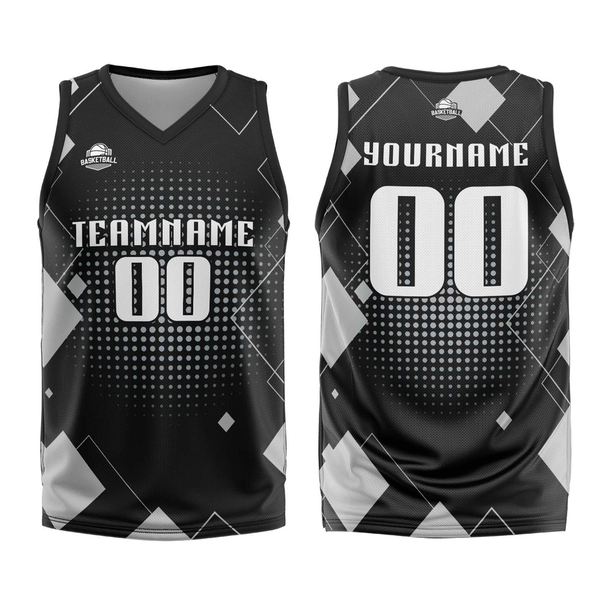 Uniforme de baloncesto gris con diseño geométrico personalizado-estampado con tu logotipo-nombre y número