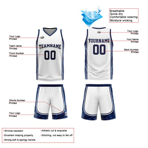 Uniforme de baloncesto personalizado blanco y azul oscuro con tu logotipo-nombre y número impresos