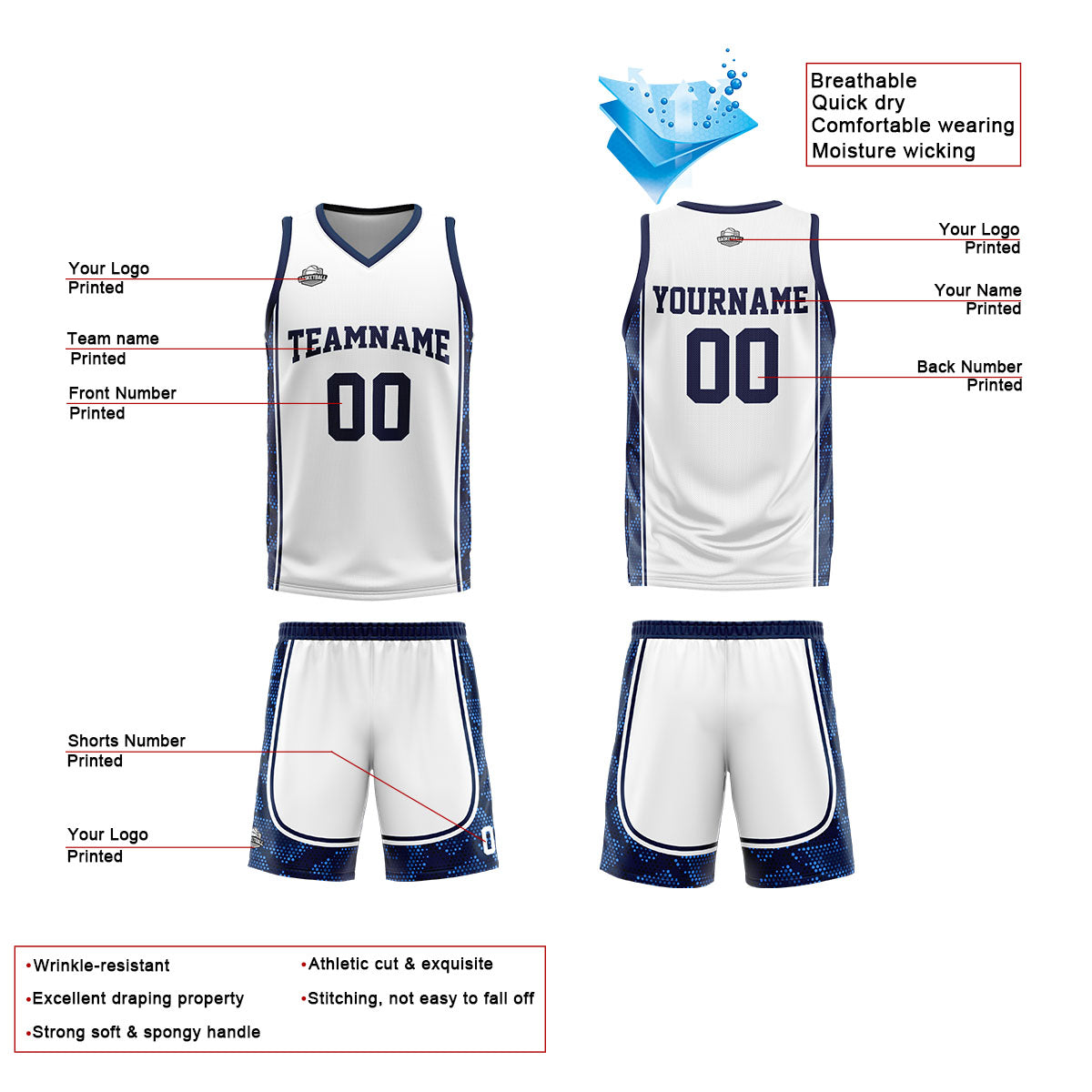 Uniforme de baloncesto personalizado blanco y azul oscuro con tu logotipo-nombre y número impresos