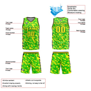 Uniforme de baloncesto personalizado verde y amarillo roto con tu logotipo-nombre y número impresos