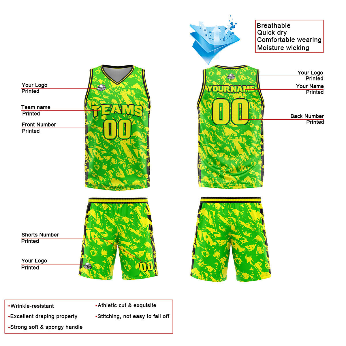 Uniforme de baloncesto personalizado verde y amarillo roto con tu logotipo-nombre y número impresos