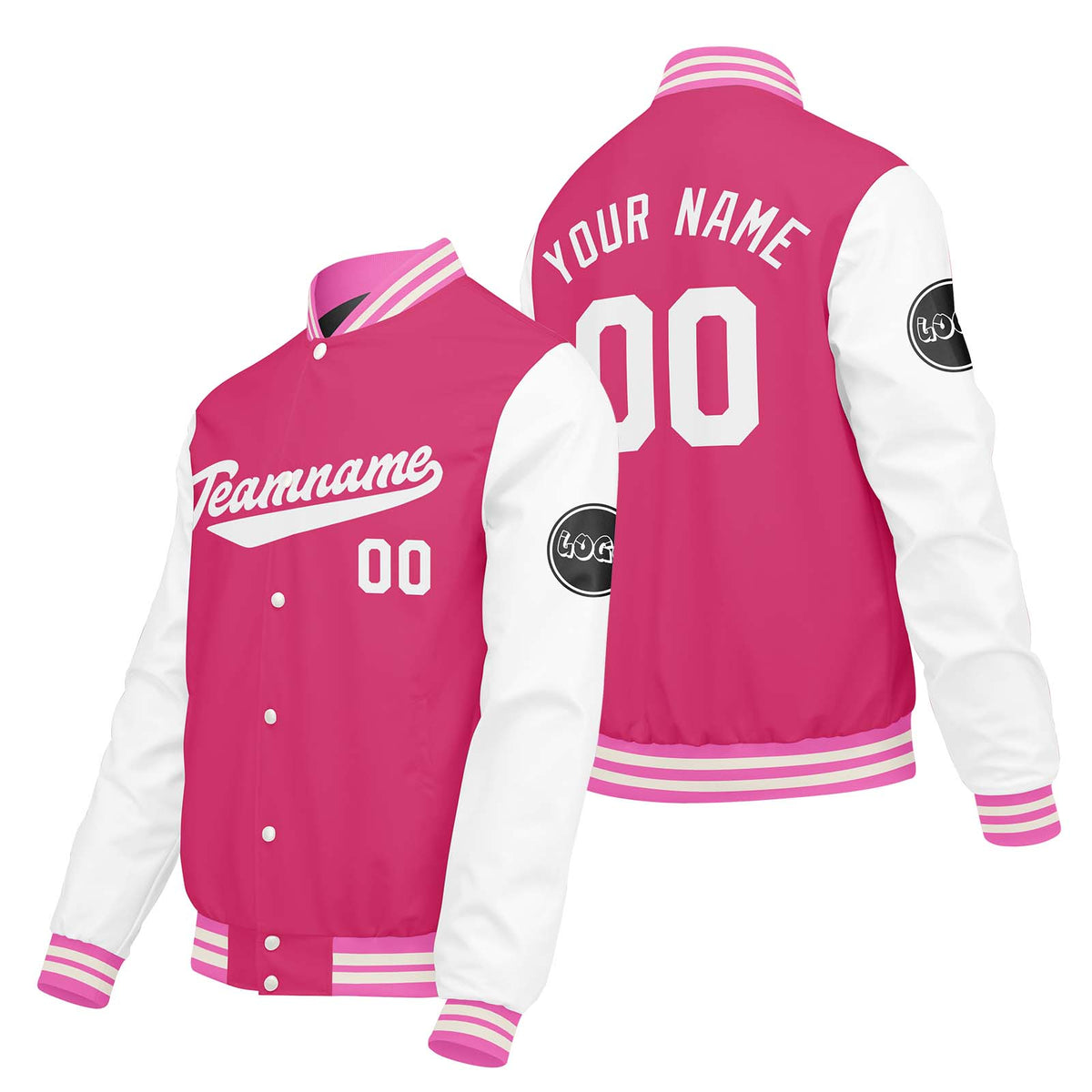 Chaquetas universitarias personalizadas en rosa y blanco para hombres & mujeres y jóvenes & Chaquetas Letterman personalizadas