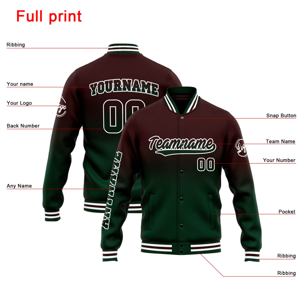Chaqueta universitaria personalizada estilo Letterman para hombres-mujeres y jóvenes-color marrón degradado verde