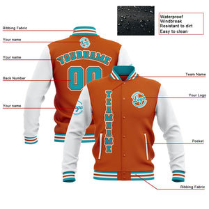 Chaquetas universitarias impermeables personalizadas en naranja-blanco y verde azulado con nombre-número y logotipo bordados a medida