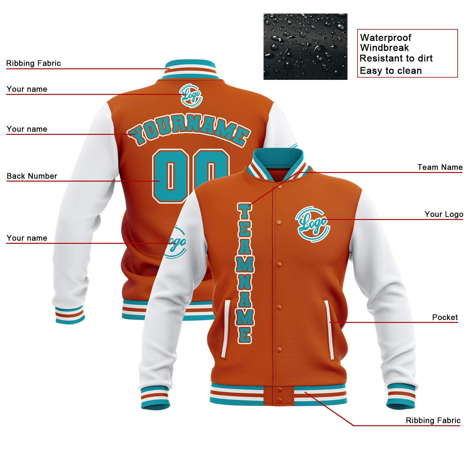 Chaquetas universitarias impermeables personalizadas en naranja-blanco y verde azulado con nombre-número y logotipo bordados a medida