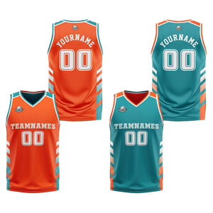Traje de baloncesto reversible personalizado en naranja-turquesa y blanco para adultos y niños