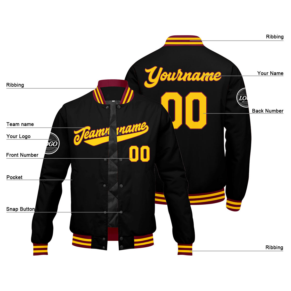 Chaqueta universitaria personalizada estilo Letterman para hombres-mujeres y jóvenes-color carmesí-negro y amarillo