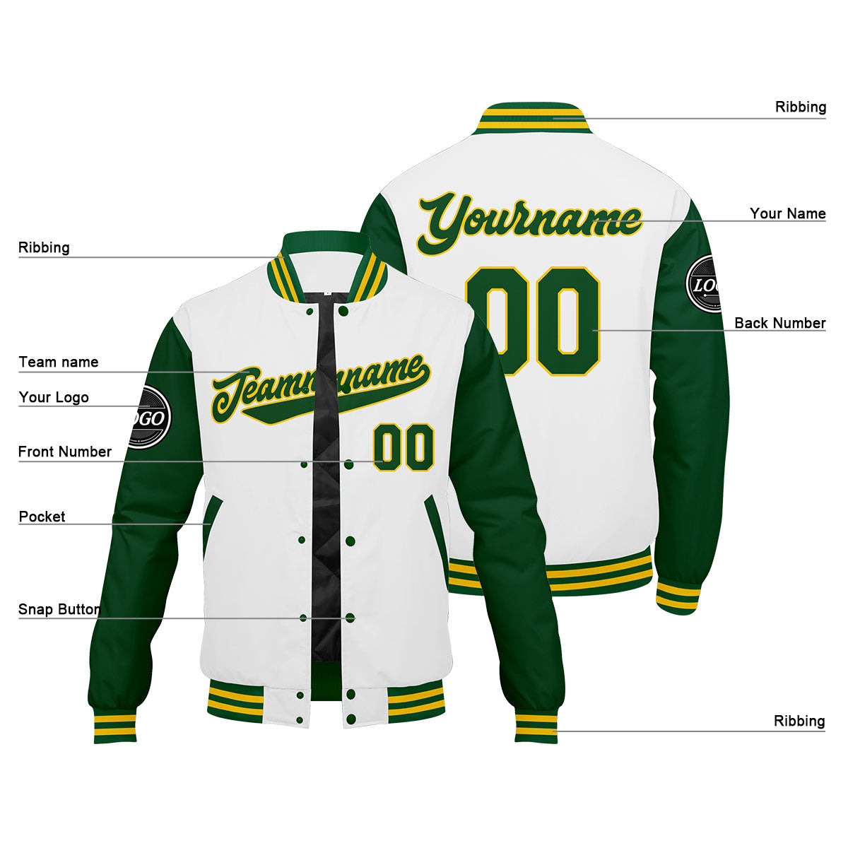 Chaqueta universitaria personalizada estilo Letterman para hombres-mujeres y jóvenes en colores verde-amarillo y blanco