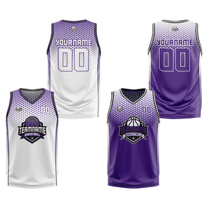 Traje de baloncesto reversible personalizado blanco-morado y negro para adultos y niños