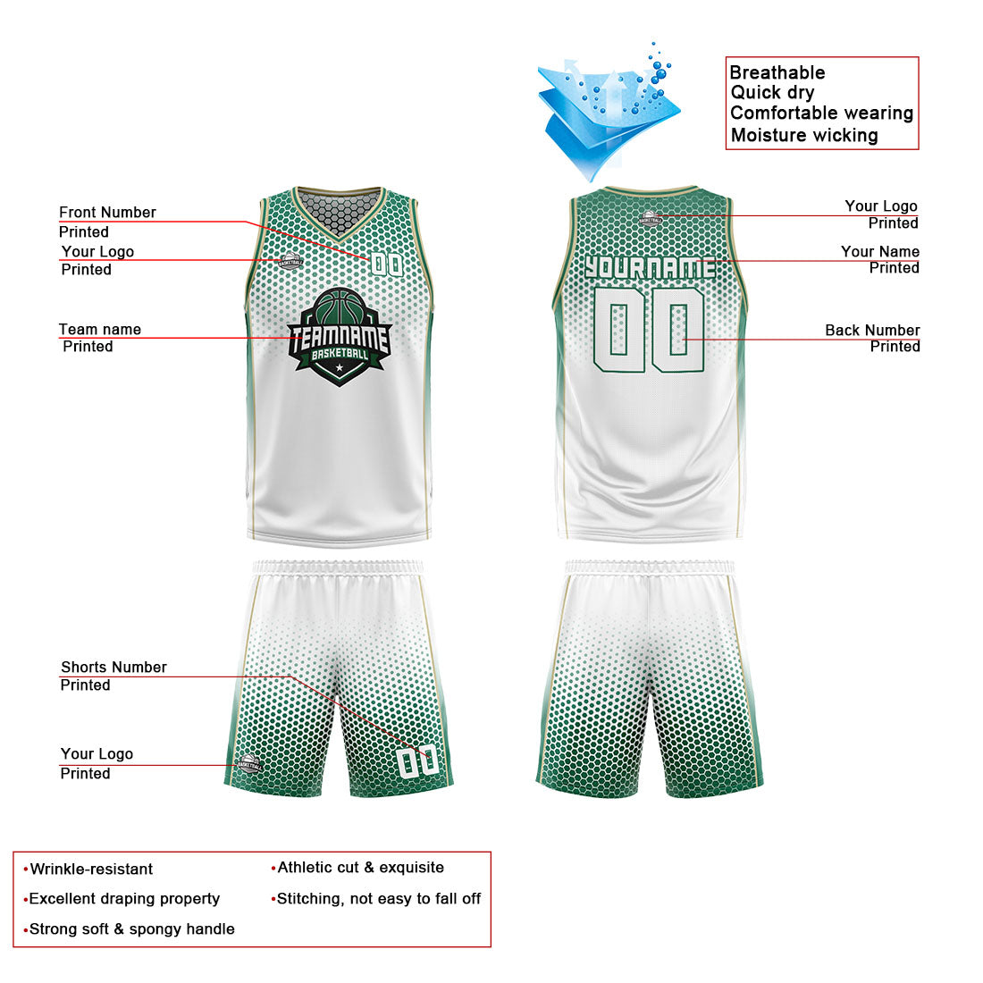 Traje de baloncesto reversible blanco y verde personalizado para adultos y niños