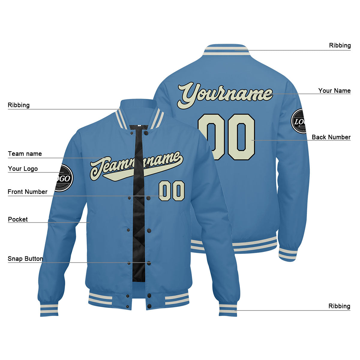 Chaqueta universitaria personalizada estilo Letterman para hombres-mujeres y jóvenes-color azul claro y crema