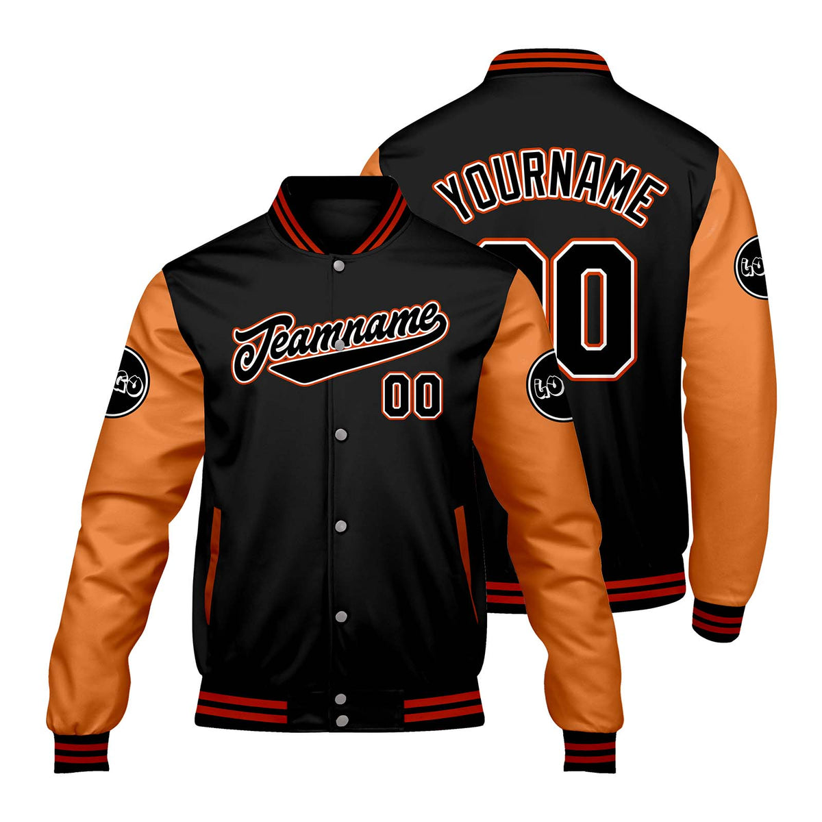 Chaquetas universitarias personalizadas negras y naranjas para hombres & mujeres y jóvenes & Chaquetas Letterman personalizadas