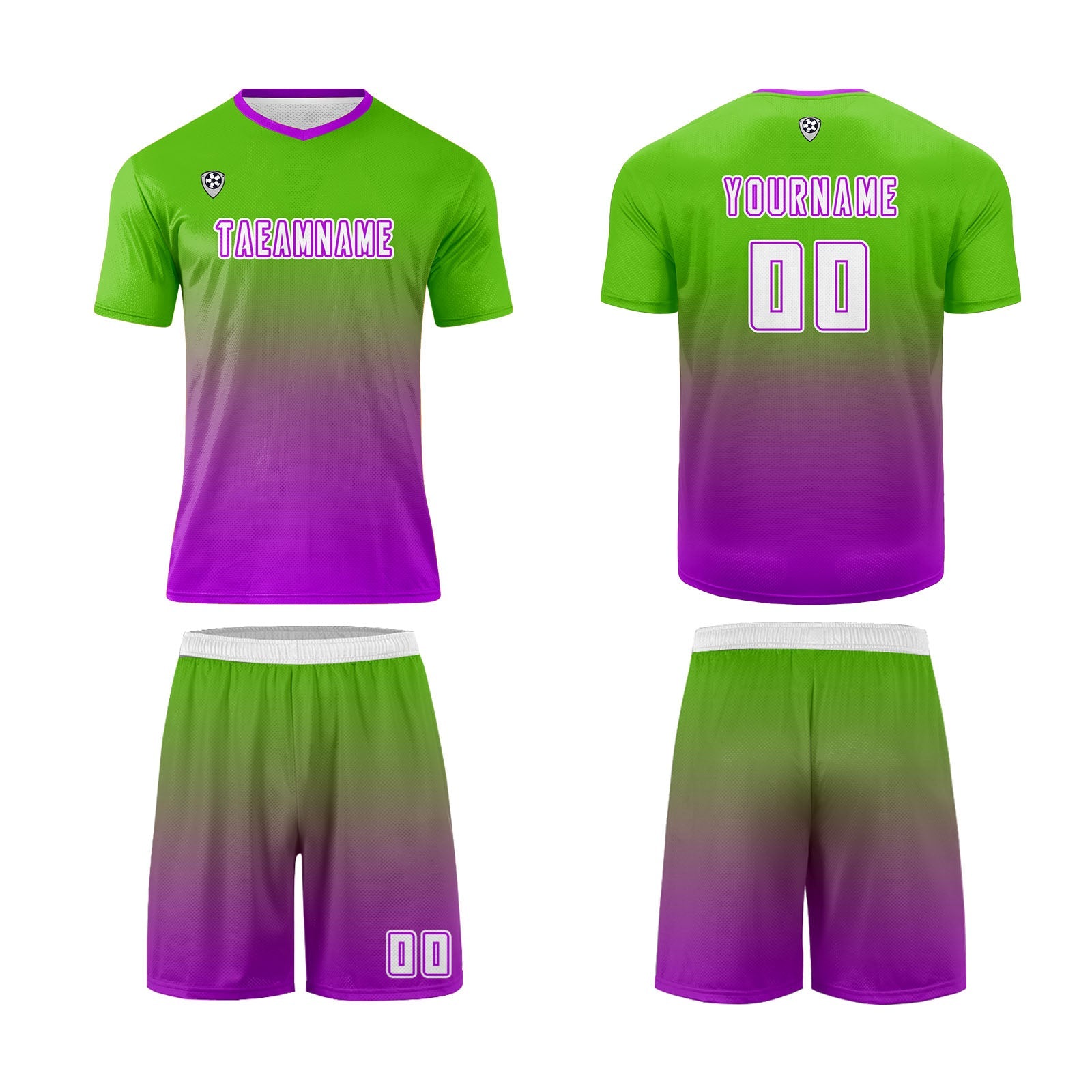 Conjunto personalizado de camiseta de uniforme verde y morado para niños y adultos
