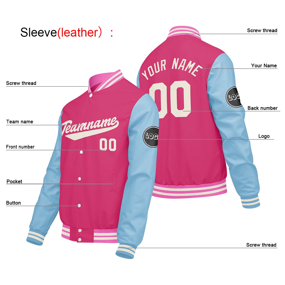 Chaquetas universitarias personalizadas en rosa y azul claro para hombres & mujeres y jóvenes & Chaquetas Letterman personalizadas