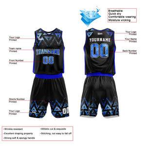 Uniforme de baloncesto personalizado negro y azul con cielo estrellado impreso con tu logotipo-nombre y número